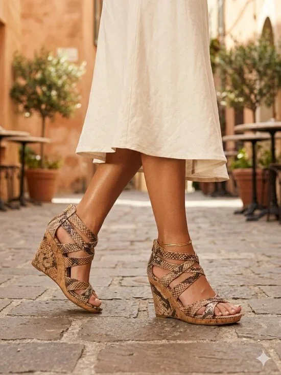 NWT Isola Snake Print Strappy Wedge Sandals Cork Heel Back Zip Neutral Size 6 - Picture 1 of 6